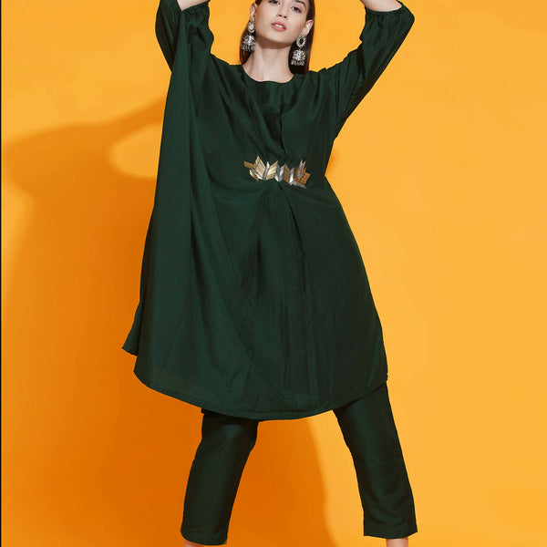 Women Republic Green Fusion Style Kurta With Hand Embellishment And Pants - Distacart