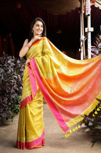 Thumbnail for Very Much Indian Pure Linen Saree With Sleek Border And Exclusive Design - Yellow - Distacart