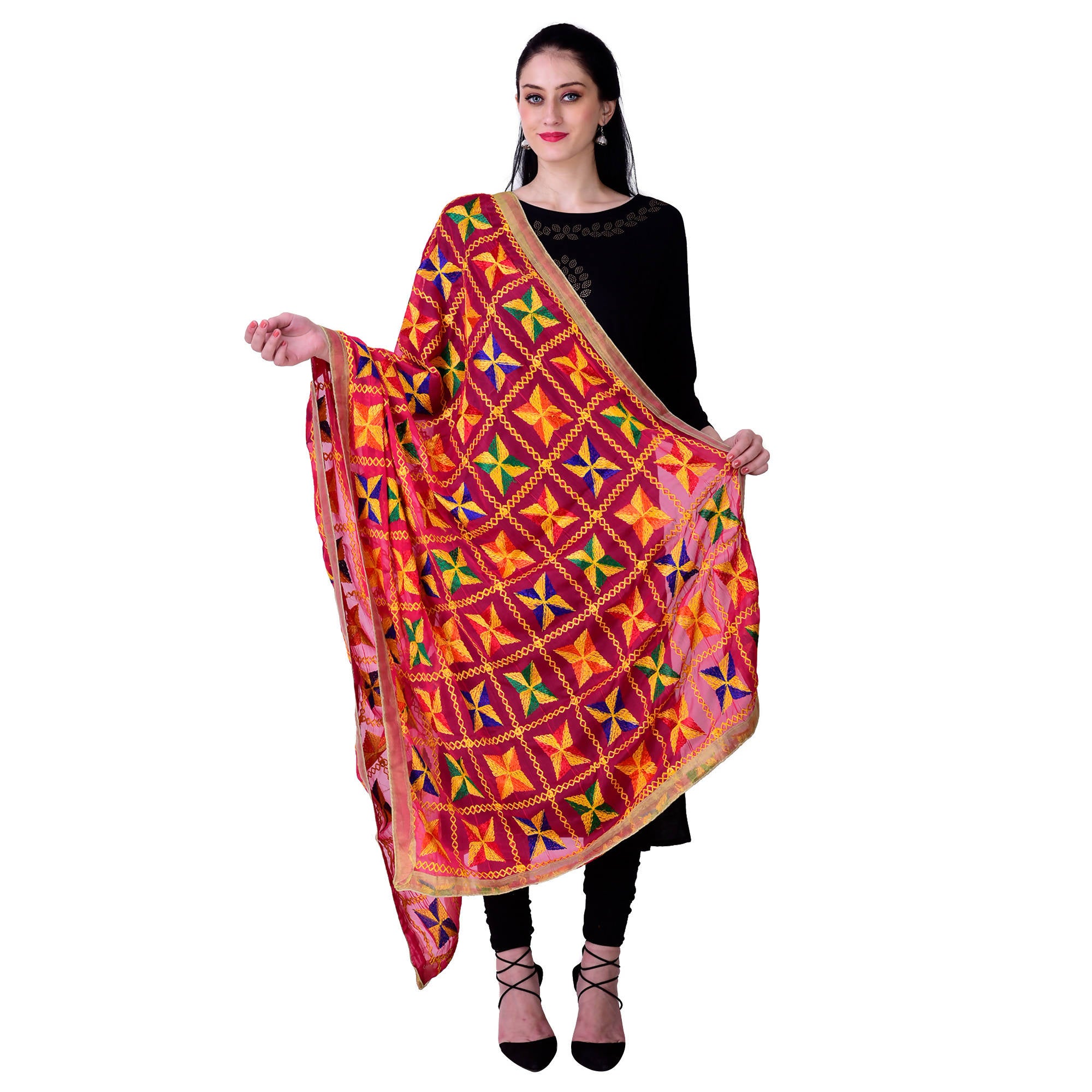 SWI Stylish Women's Embroidered Phulkari Chiffon Magenta Dupatta