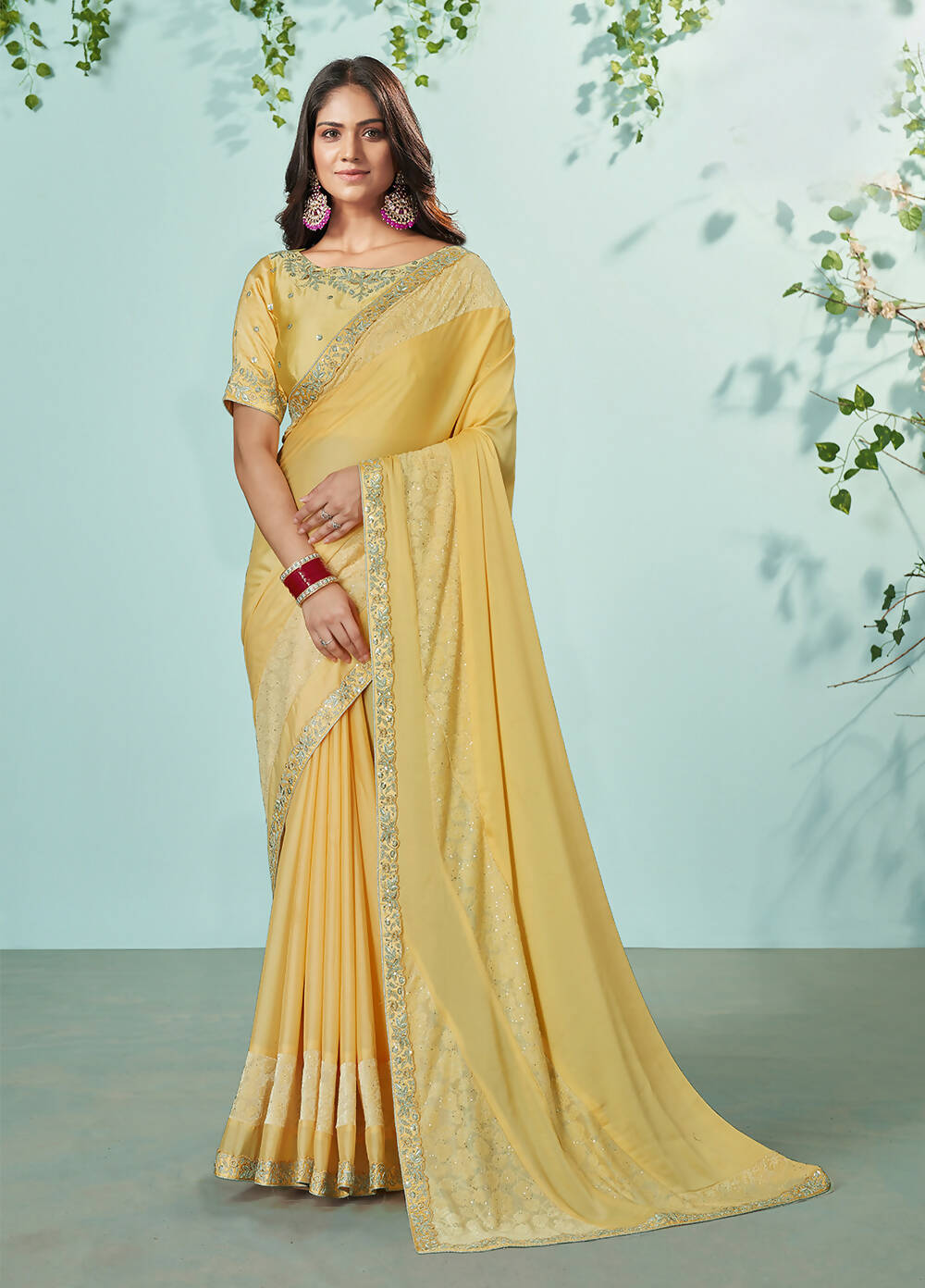 Mustard Silk Georgette Solid Saree With Unstitched Blouse Piece - Norita Ikshita - Distacart