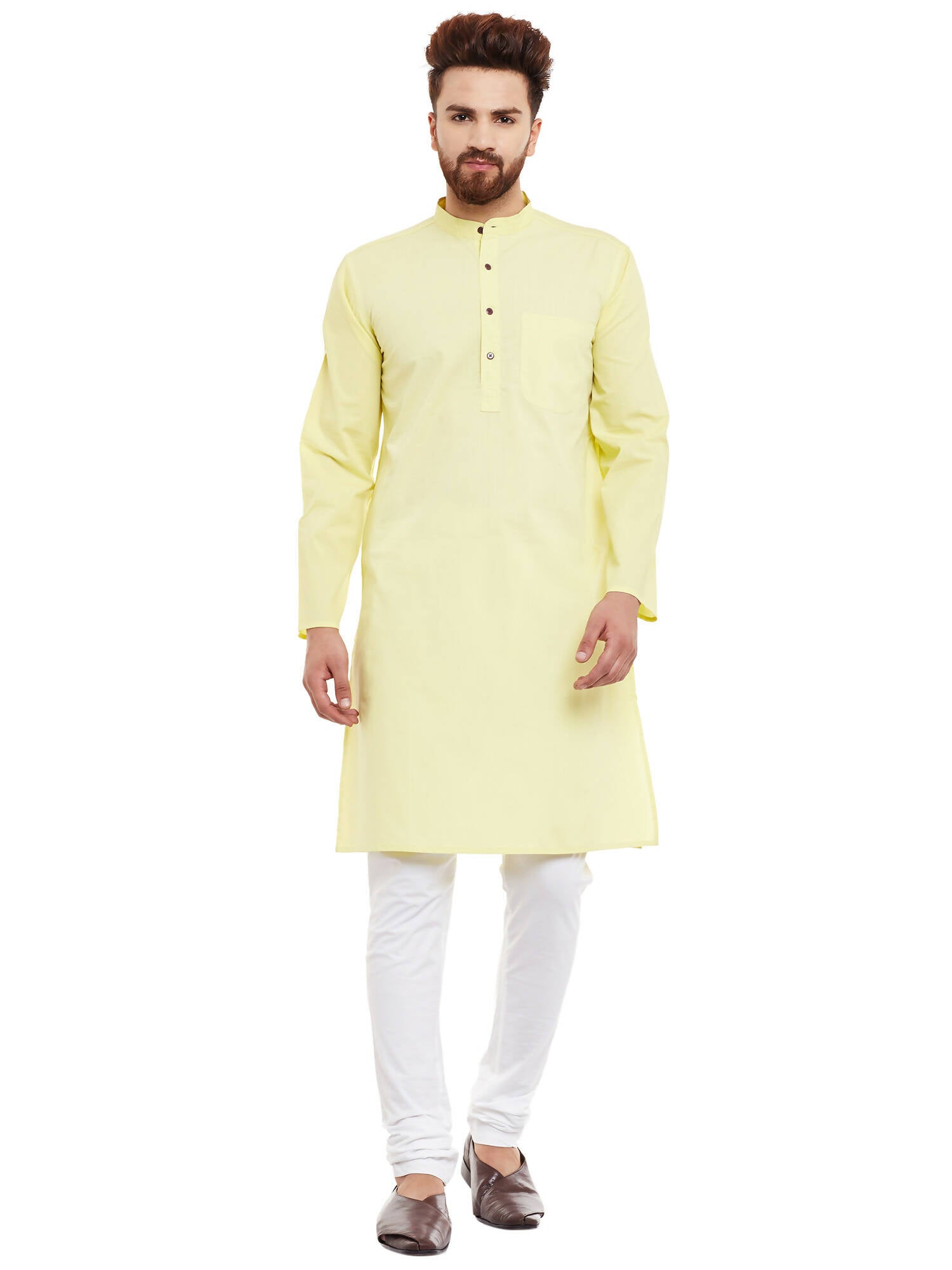 Even Apparels Yellow Pure Cotton Men's Kurta With Band Collar - Distacart