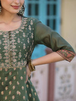 Thumbnail for Juniper Women Olive Chanderi Printed Maxi Dress with Embroidered Yoke - Distacart