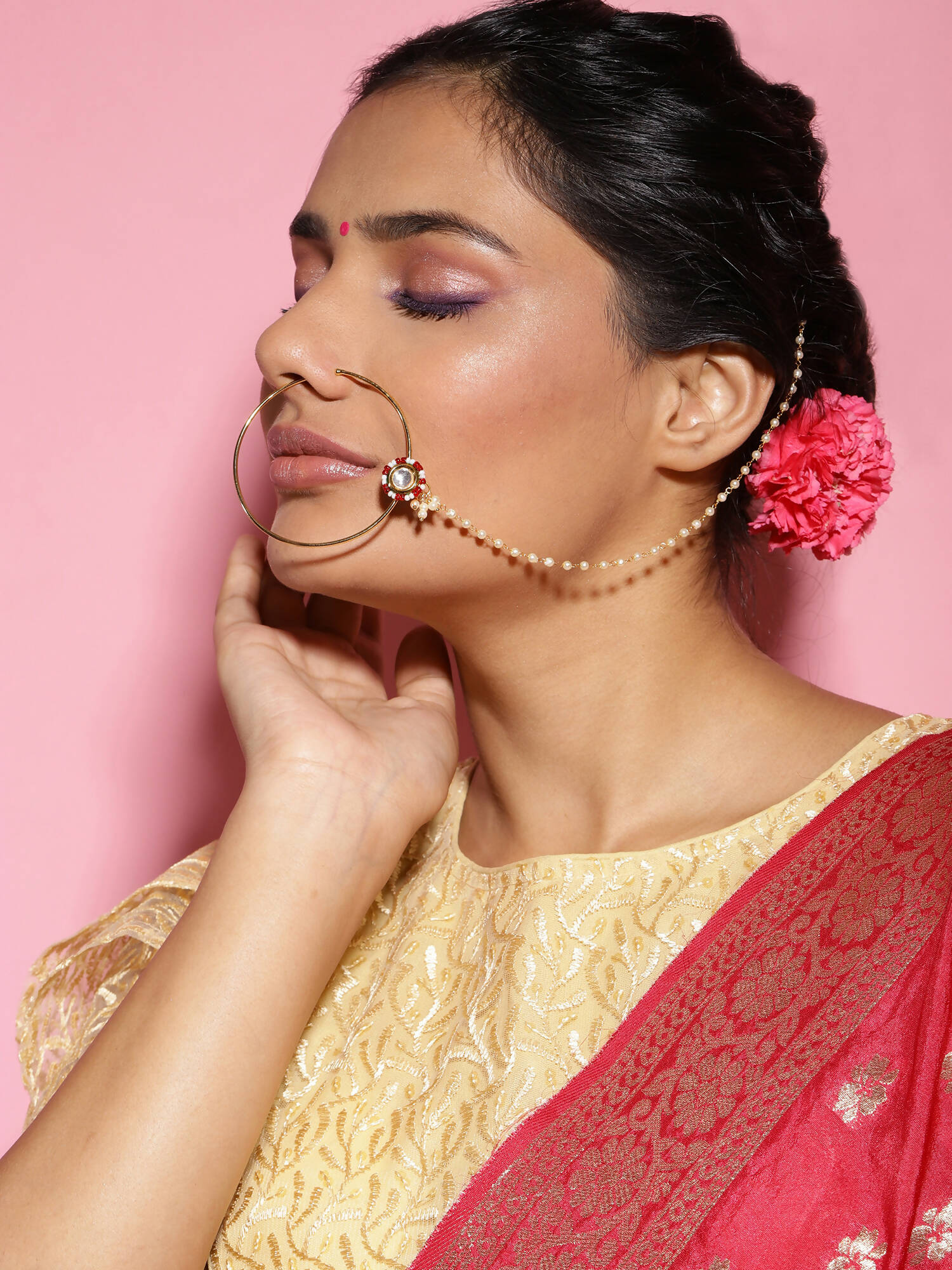 Gold-Pleated Red White Kundan Studded Beaded Chained Nosepin - Ruby Raang - Distacart