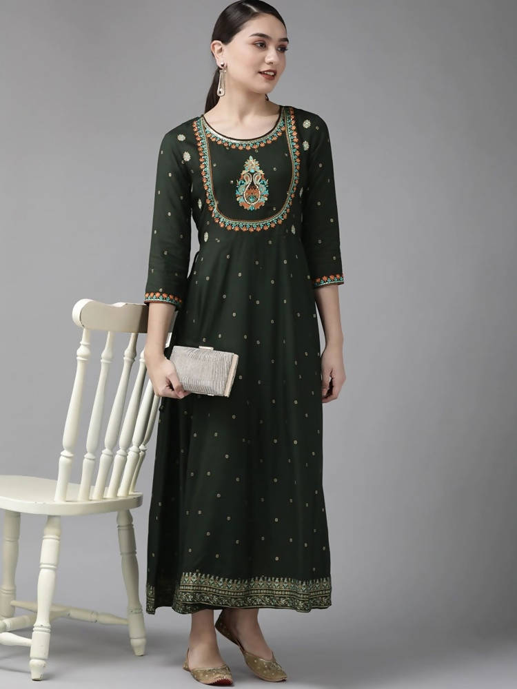 Yufta Women Green & Golden Geometric Print A-Line Maxi Dress with Embroidery Detail