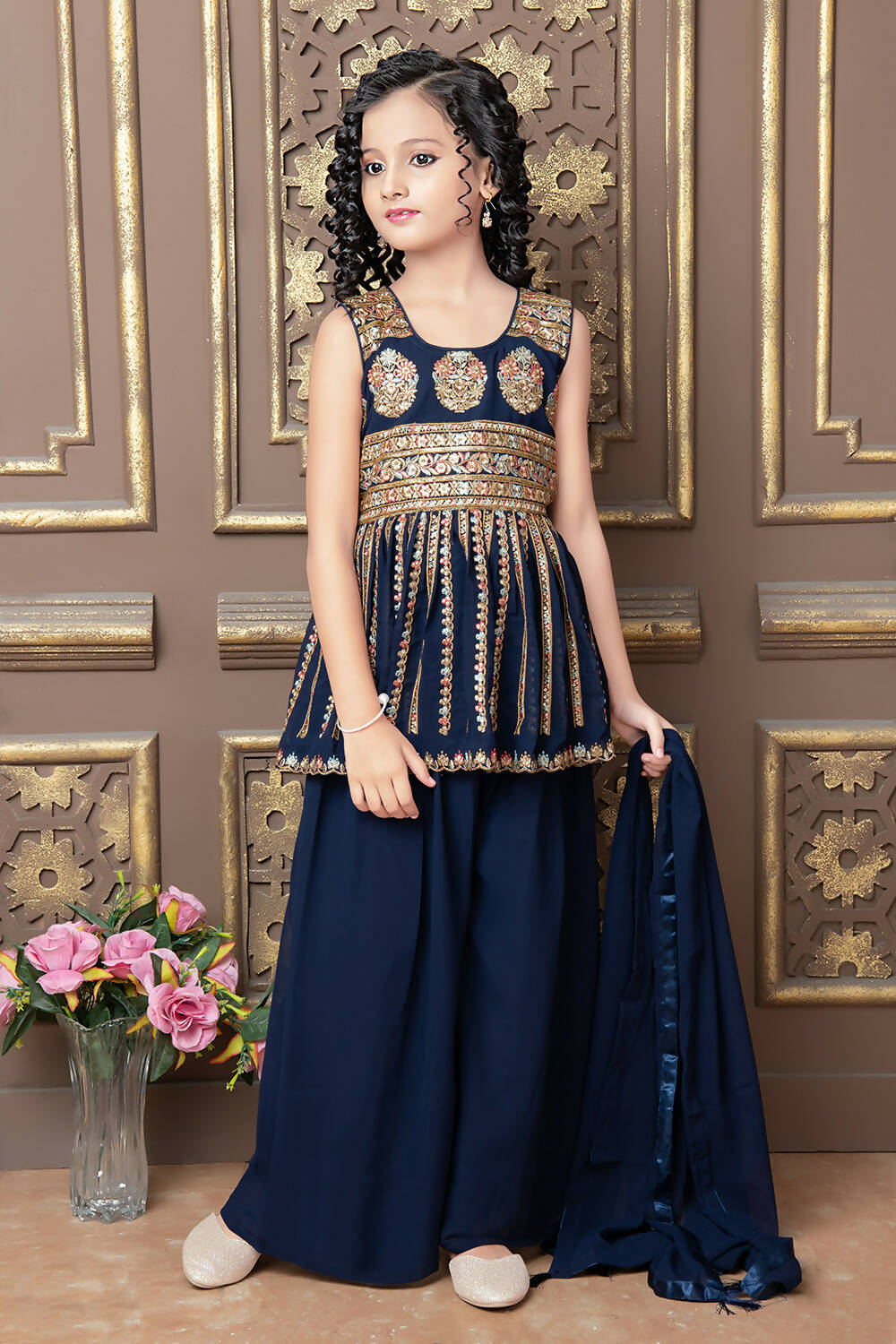 Kids Wedding Designer Blue Faux Georgette Sharara Suit - Aaradhna - Distacart