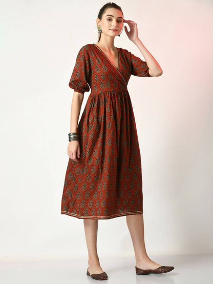 Myshka Women's Rust Empire Printed Dress - Distacart