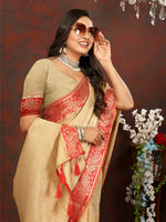 Thumbnail for Lorenvalley Fashion Cream Cotton Woven Design with Zari Weaving Design Saree - Distacart