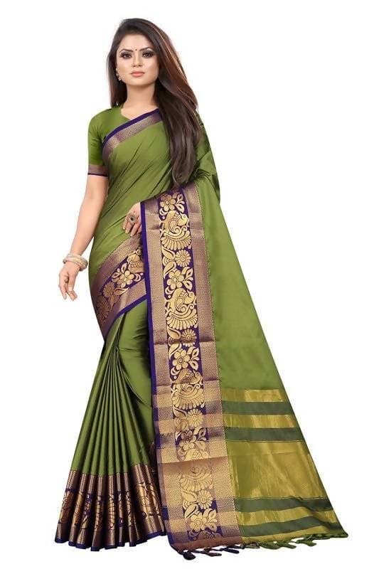 Vamika Banarasi Cotton Silk Weaving Green Saree (DOCTOR MOR GREEN)