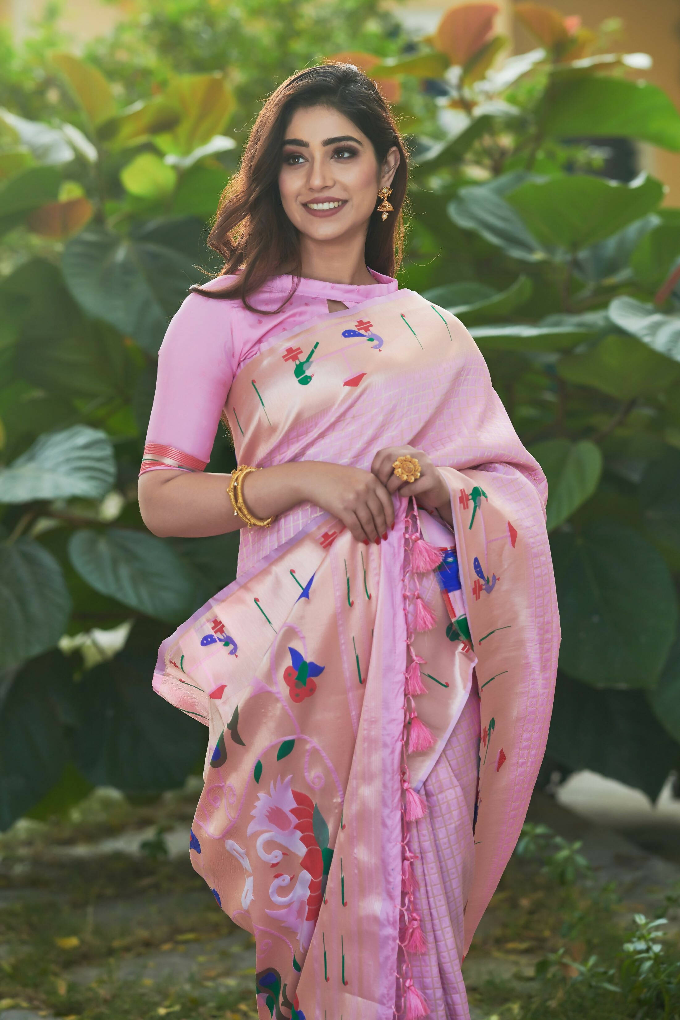 Vishnu Weaves Women's Baby Pink Paithani Silk Minakari Zari Woven Saree with Unstitched Blouse - Distacart