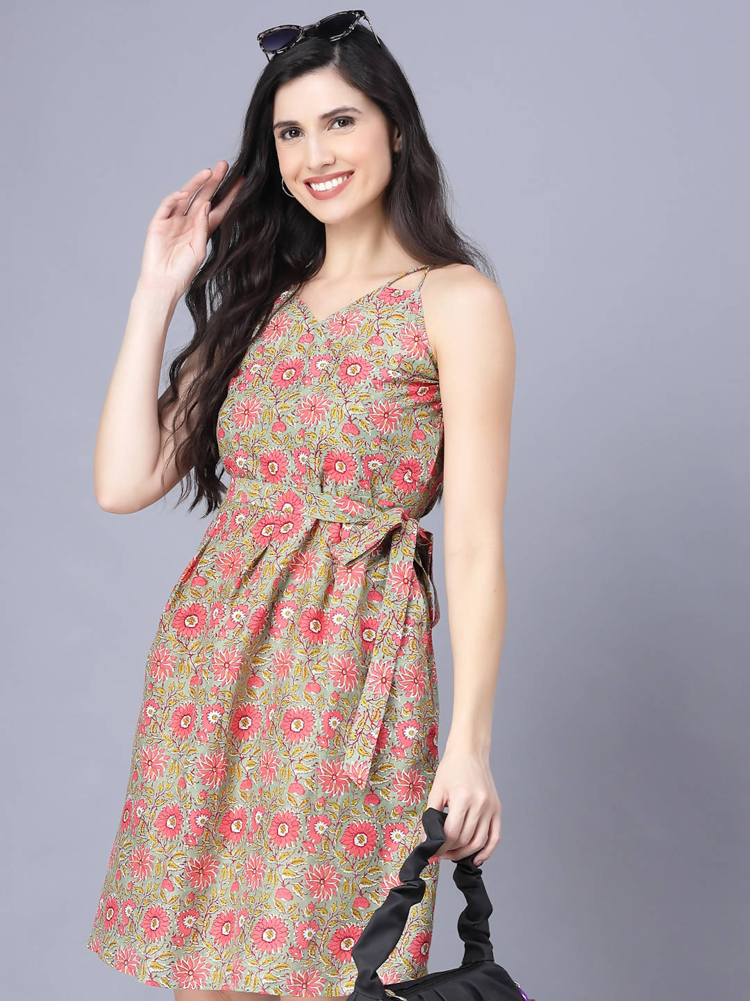 Myshka Cotton Printed Sleeveless Shoulder Straps Multicolor Women Dress - Distacart