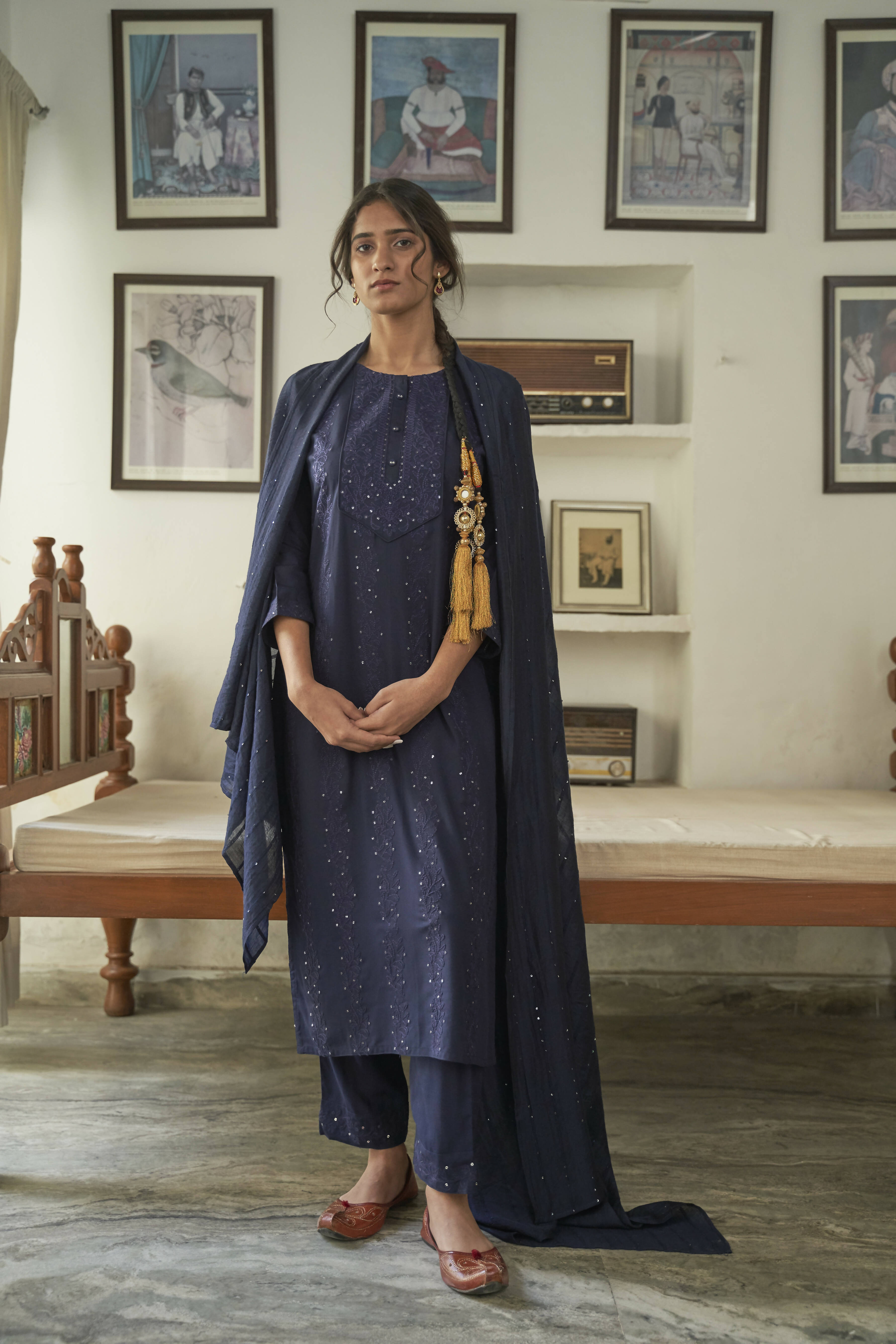 Navy Blue Rayon Sequence Embroidery work Straight kurta with Pant & Dupatta - Akashara - Distacart