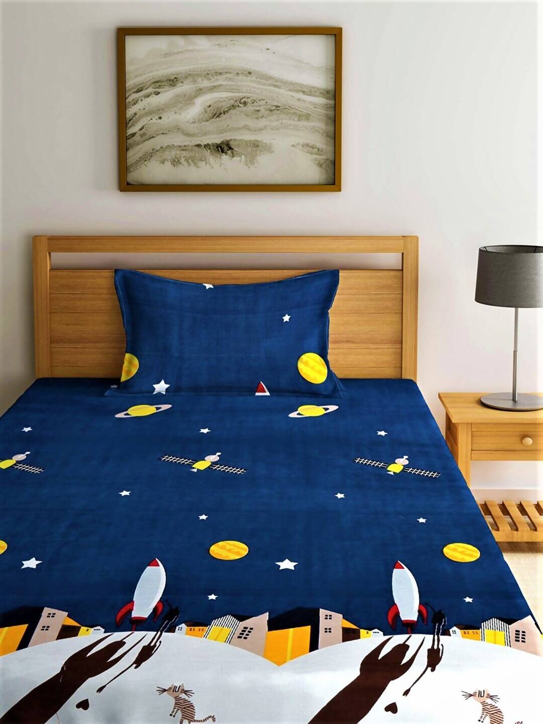 Home Sizzler Blue & Yellow Cartoon Characters 144 TC Bedsheet with Pillow Covers - Distacart