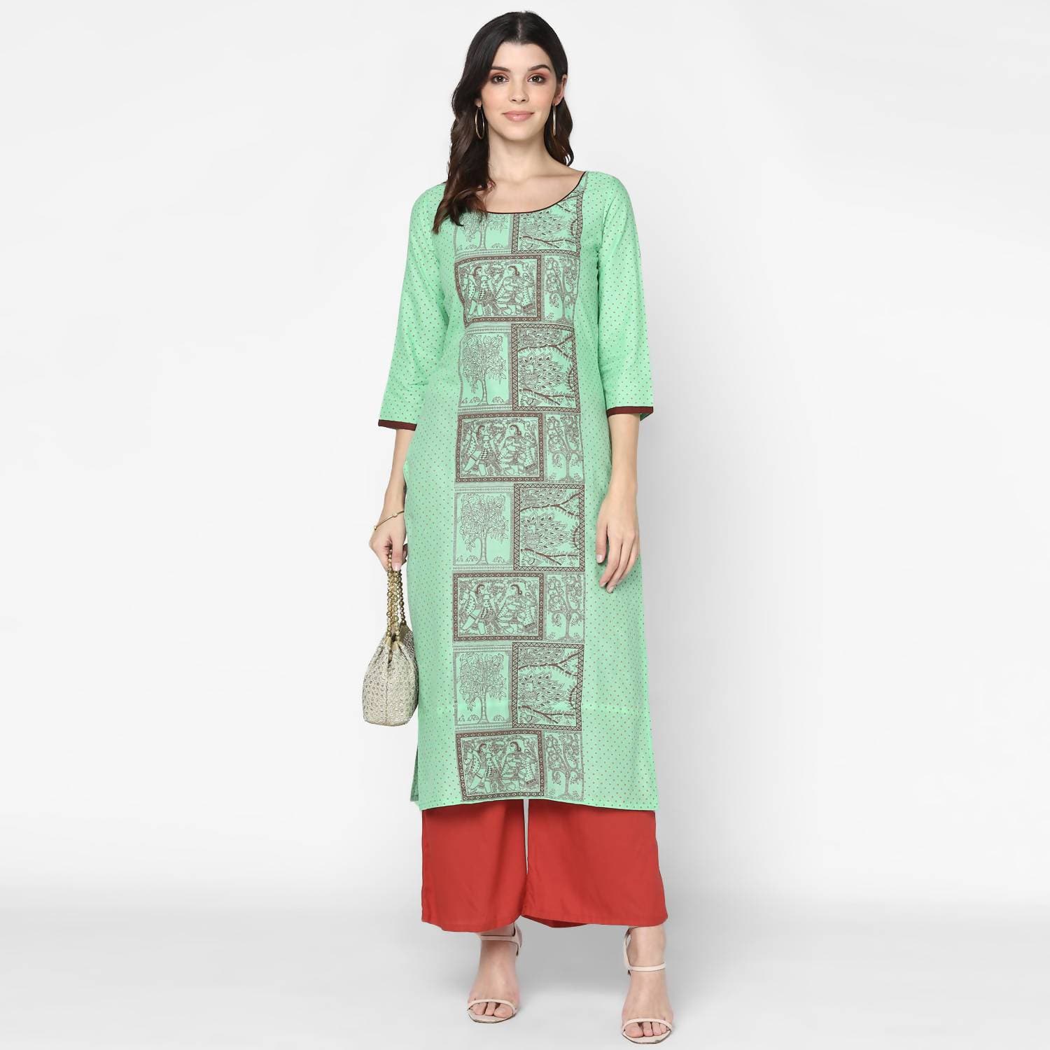 Cheera Hand Block Print Light Green & Maroon Straight Kurta With Palazzo (MAAI-090K)