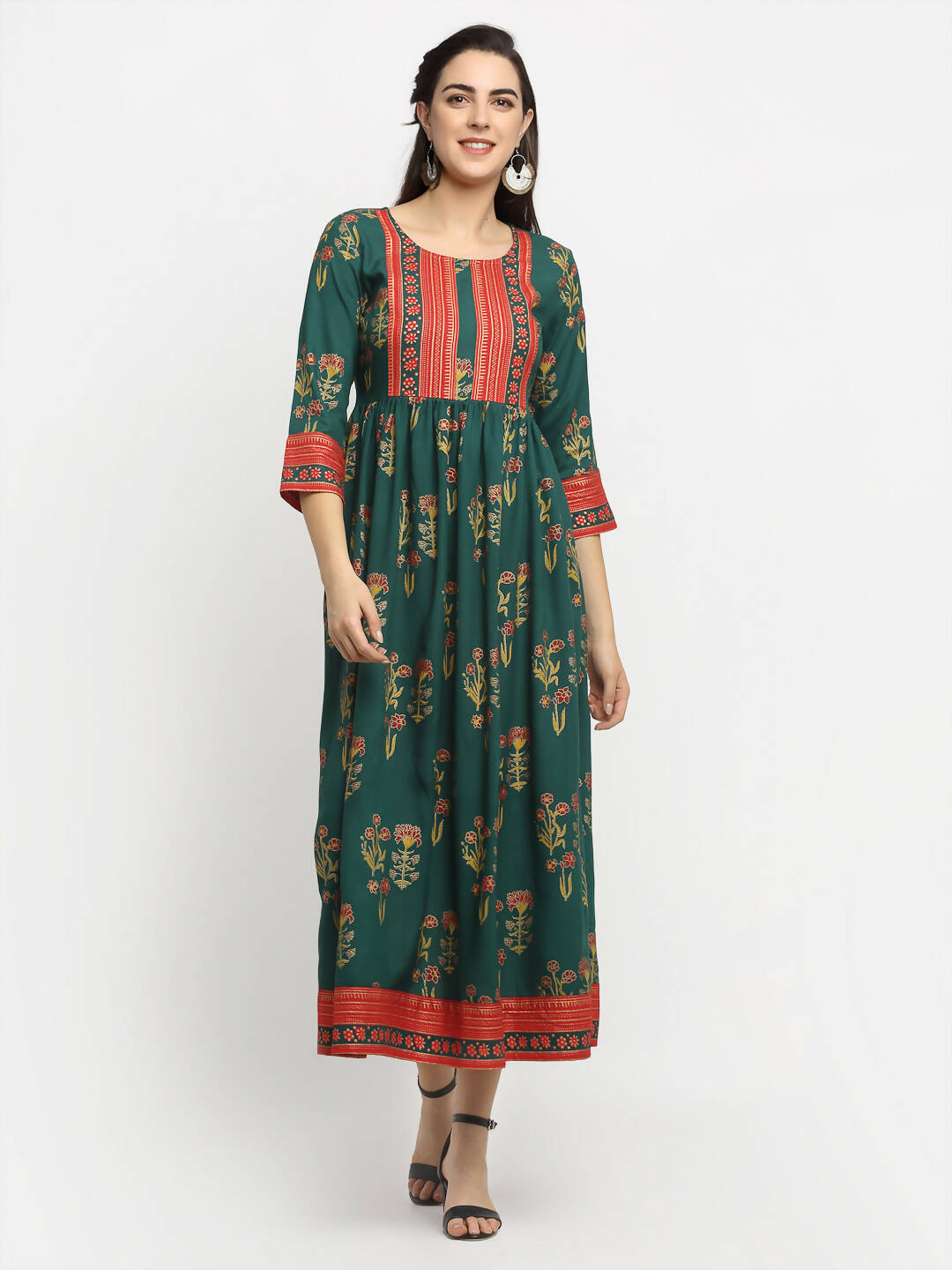 Rudra Bazaar Green Yoke Designed Flared Ethnic Kurta - Distacart
