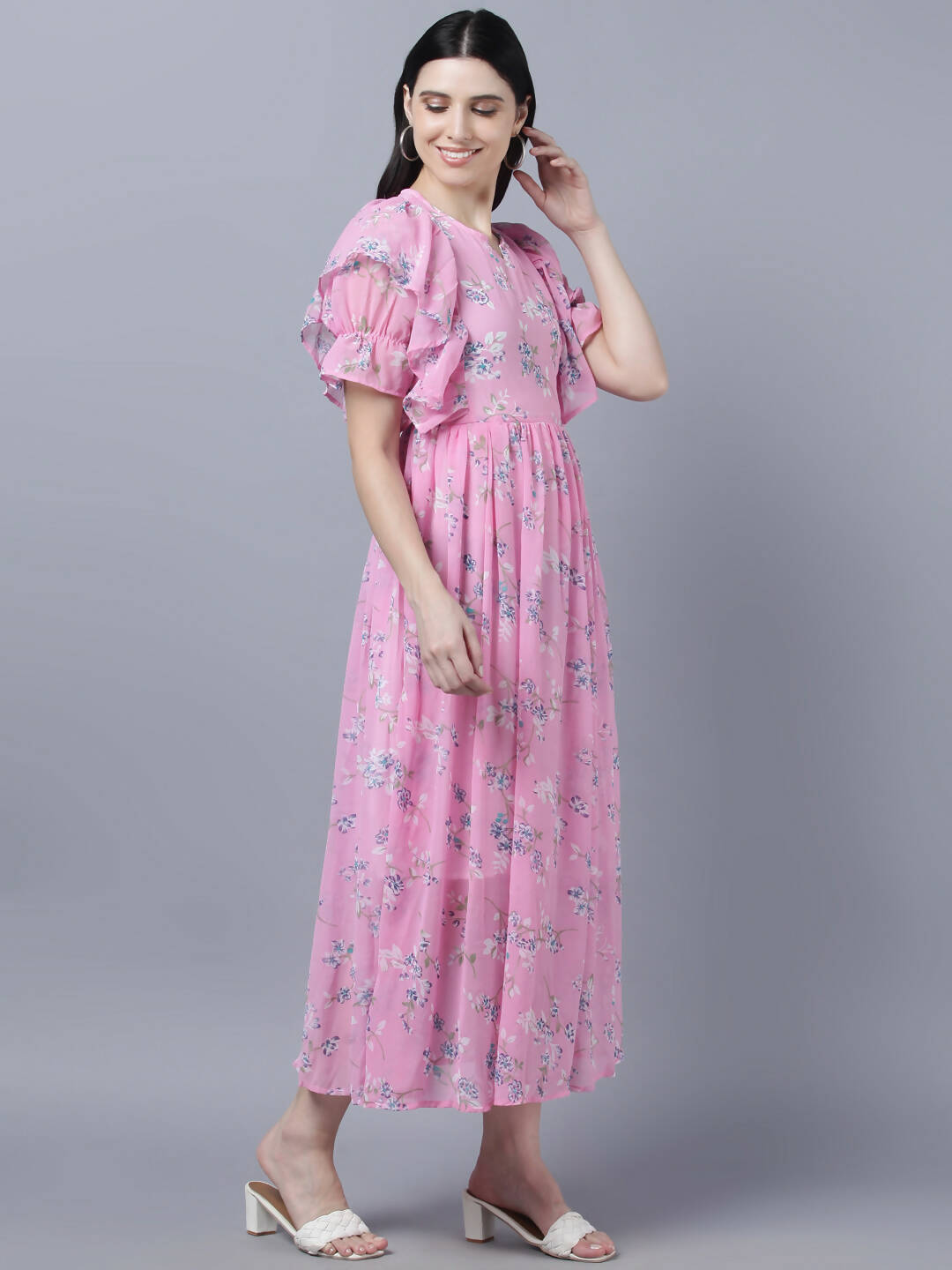 Myshka Women Pink Printed Fit and Flare Dress - Distacart