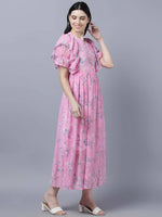 Thumbnail for Myshka Women Pink Printed Fit and Flare Dress - Distacart