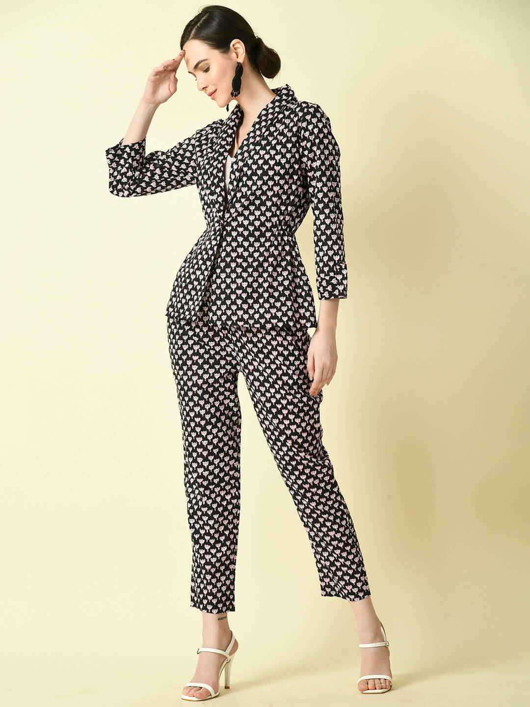 Myshka Women's Black Shawl Neck Coat With Trousers - Distacart