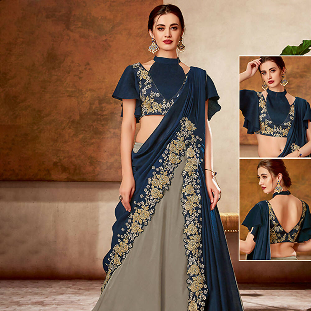 Grey, Blue Dual Tone Silk Georgette Thread, Ribbon Embroidery, Handwork Semi-Stitched Lehenga Saree - Mohmanthan Dezzy - Distacart