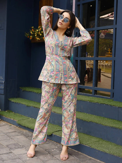 Pink Rayon Paisley & Floral Printed Top with Matching Bottom - Eesha - Distacart