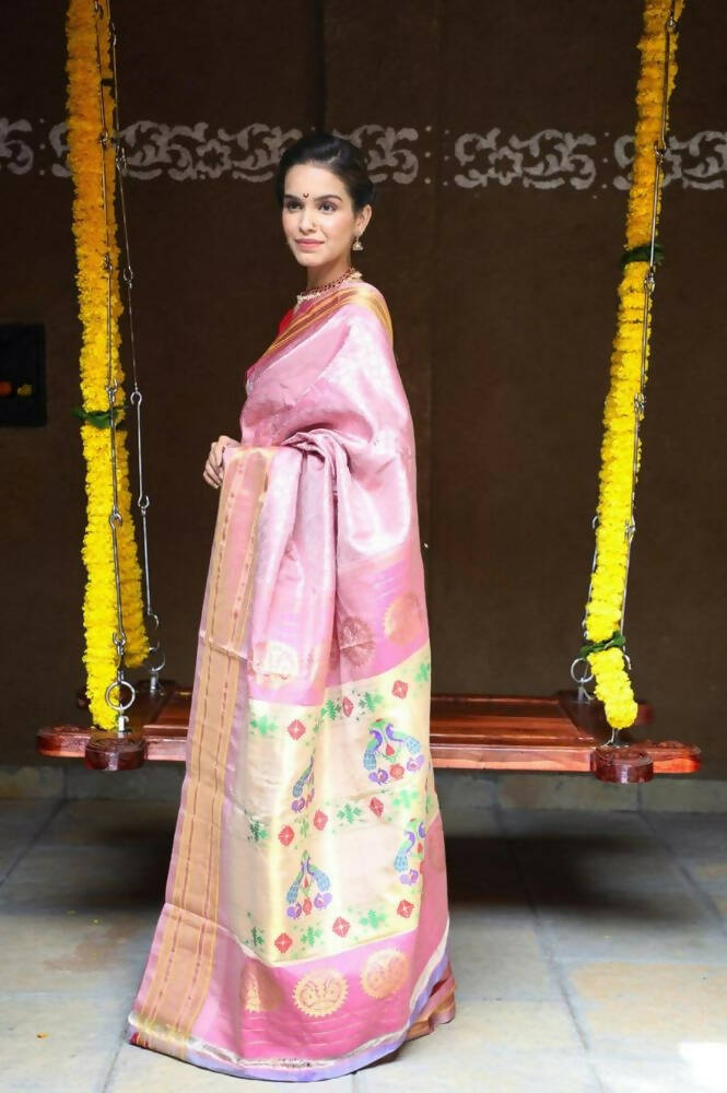 Very Much Indian Silk Handloom Maharani Paithani In Rich Pearl Pink With Silver Zari Brocade - Distacart