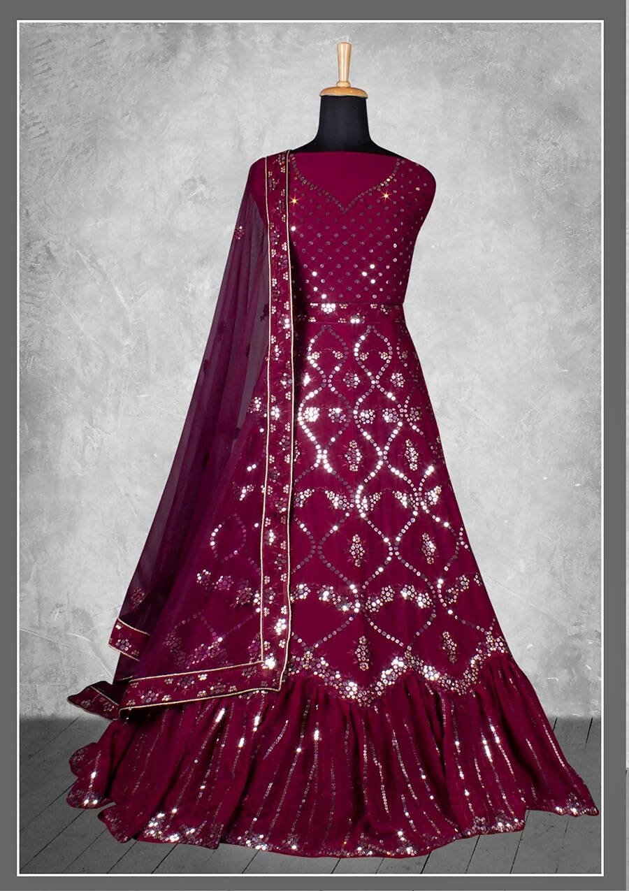 Wine Georgette Embroidery & Sequence Work Bridal lahenga Choli with Dupatta - Nimaya Pavitra Rista - Distacart