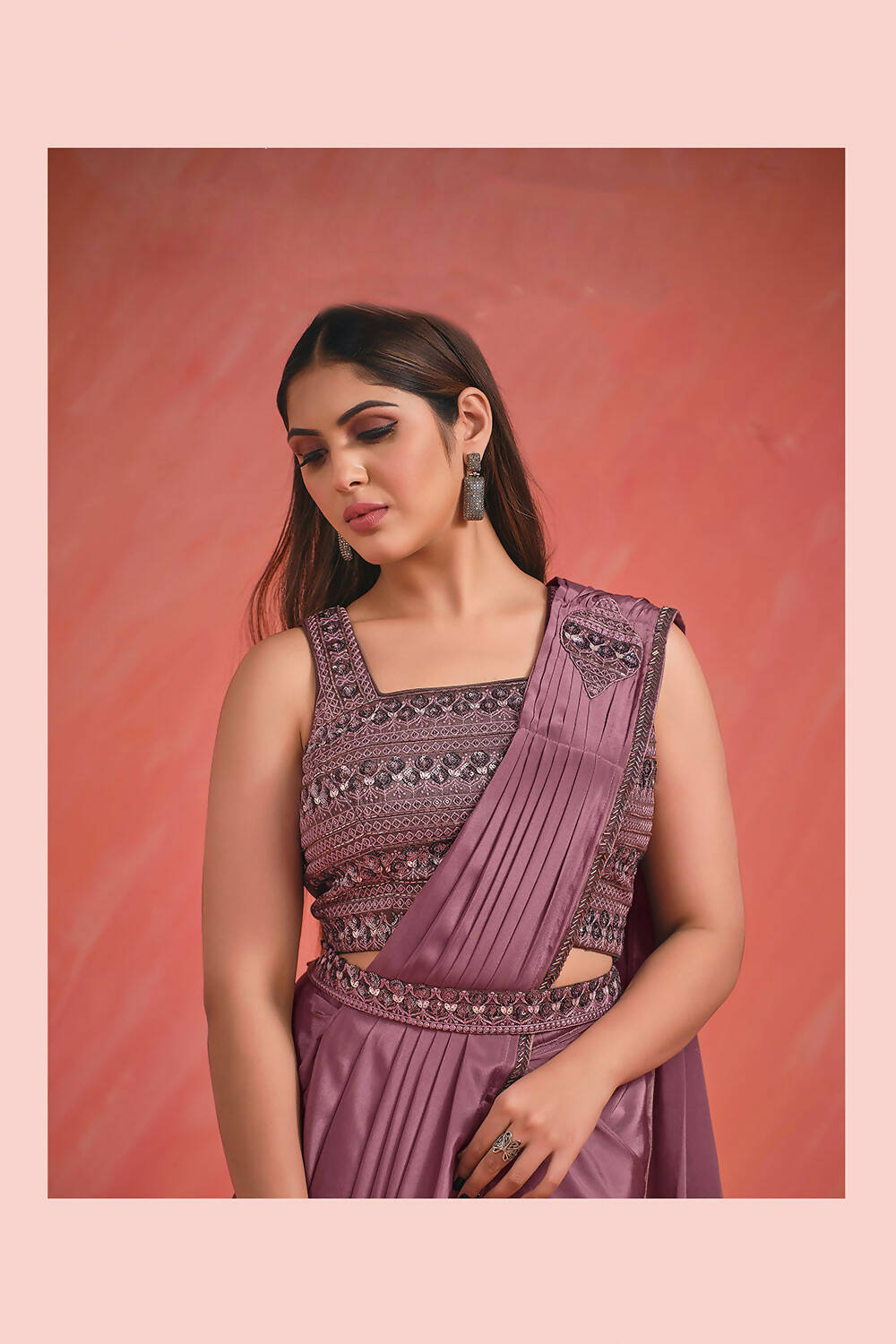 Dusky Wine Crepe Silk Georgette Thread & Sequence with Kardana work Saree With Stitched Blouse - Mohmanthan Elegancia - Distacart