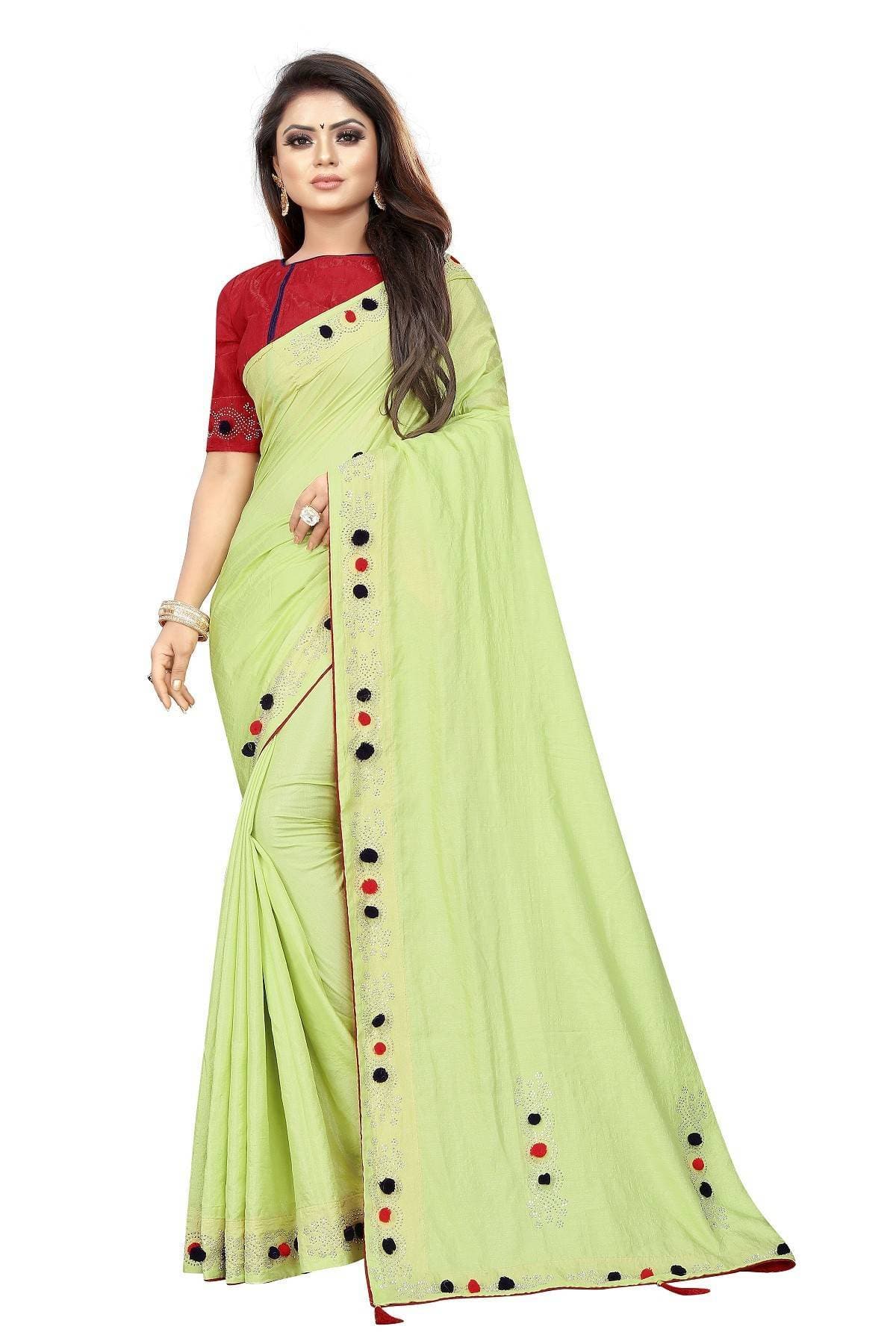 Vamika light green Sana Silk Diamond and Pom Pom Saree