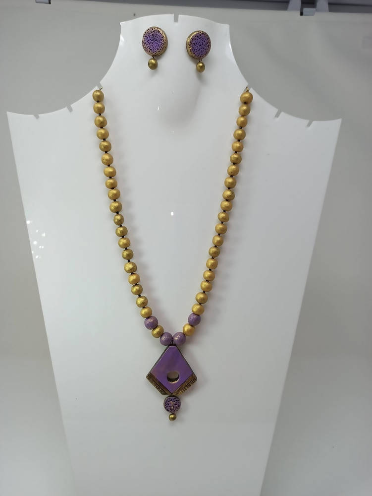 Terracotta Diamond Pendant Long Necklace Set With Studs-Lavender