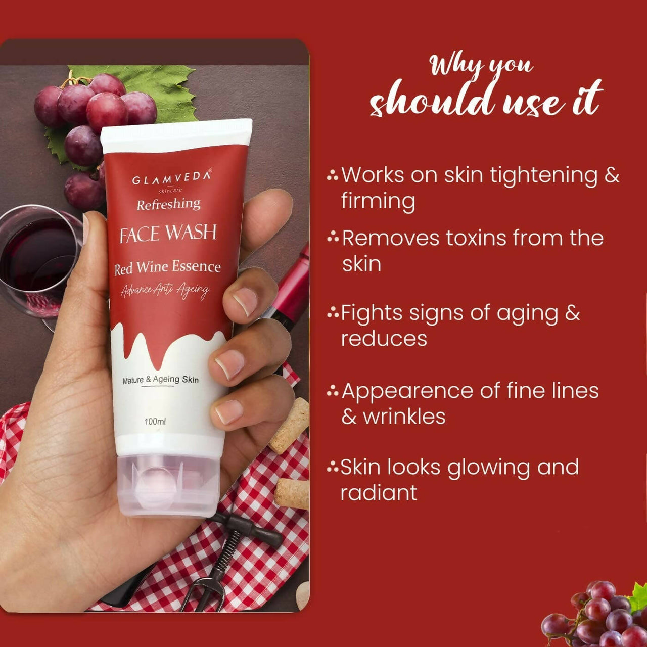 Glamveda Red Wine Advance Anti Ageing Face Wash - Distacart