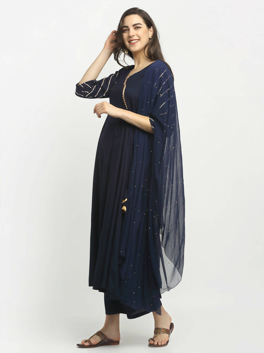 Rudra Bazaar Blue Angrakha Style Flared Kurta with Pyjamas & Dupatta - Distacart