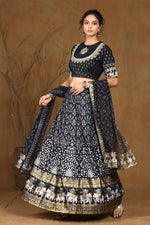 Thumbnail for Juniper Women Black Shantoon Embroidered Flared Lehenga Choli Sets - Distacart
