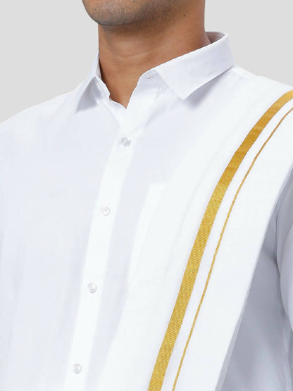 Ramraj Cotton Mens 1/4 " Poly Cotton Gold Jari Dhoti And Towel Set - White - Distacart