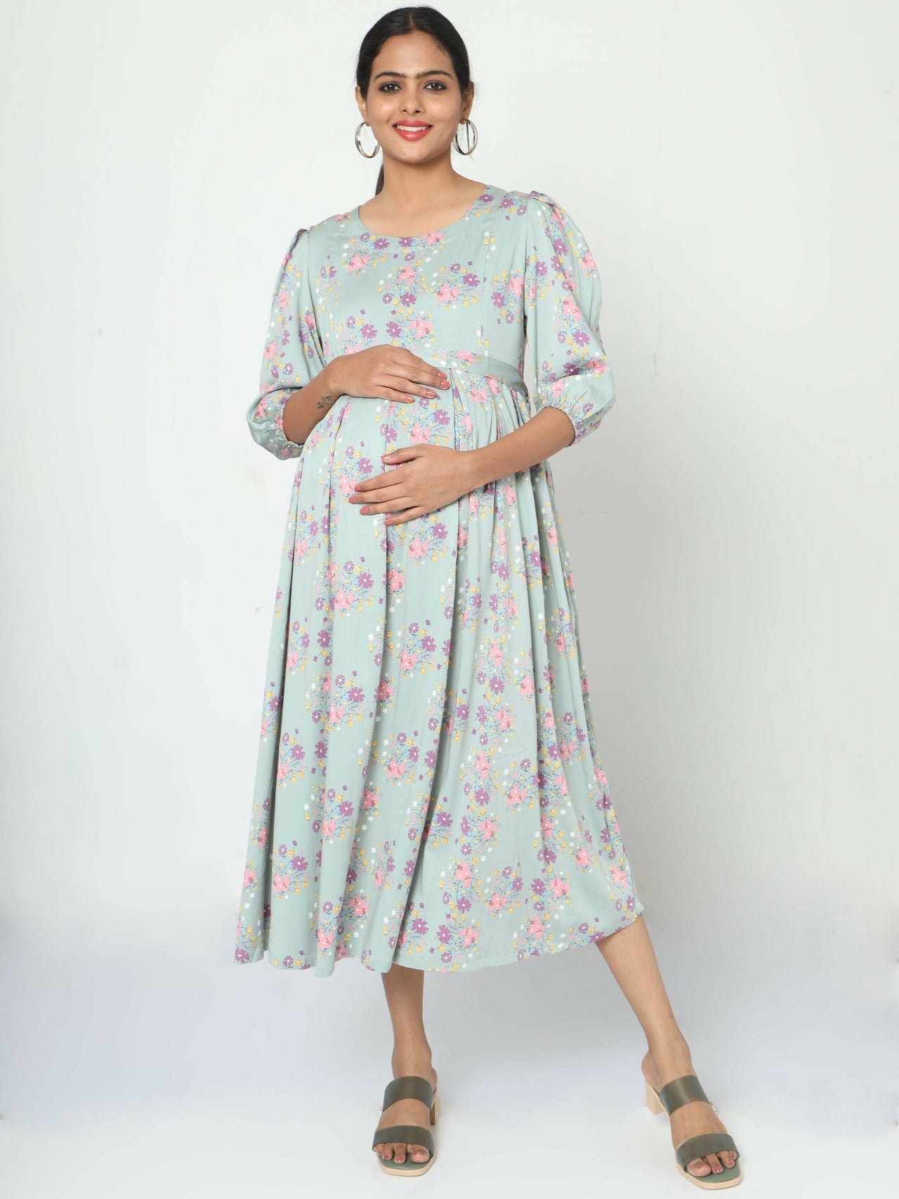 Manet Three Fourth Maternity Dress Pink Floral Print With Concealed Zipper Nursing Access - Green - Distacart