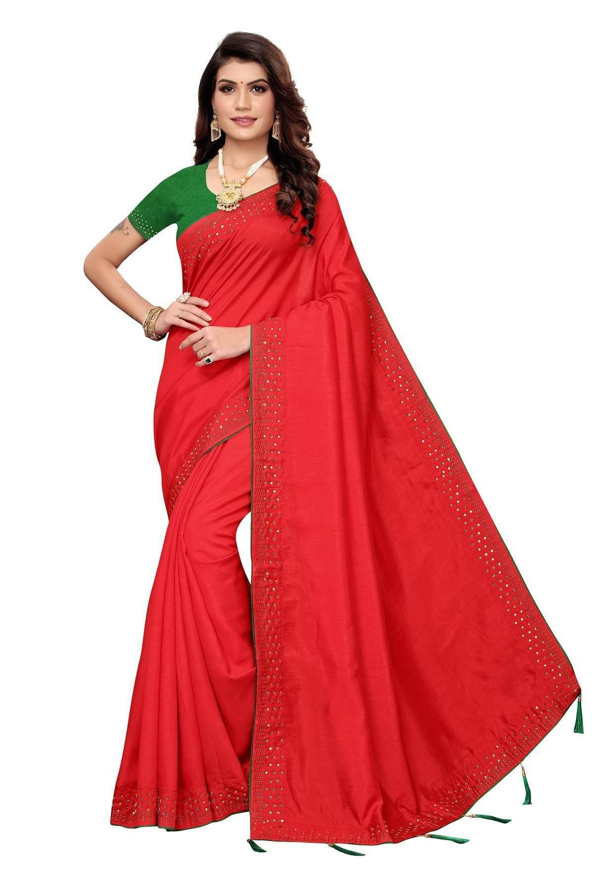Vamika Red Zoya Silk Stone Work Saree