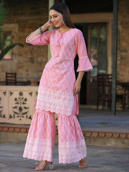Juniper Women's Pink Chinnon Embroidered Kurta Garara Set - Distacart