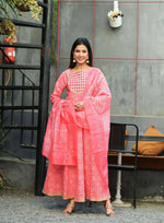 Thumbnail for Yufta Women Pink Handblock Printed Kurta with Trouser & Dupatta