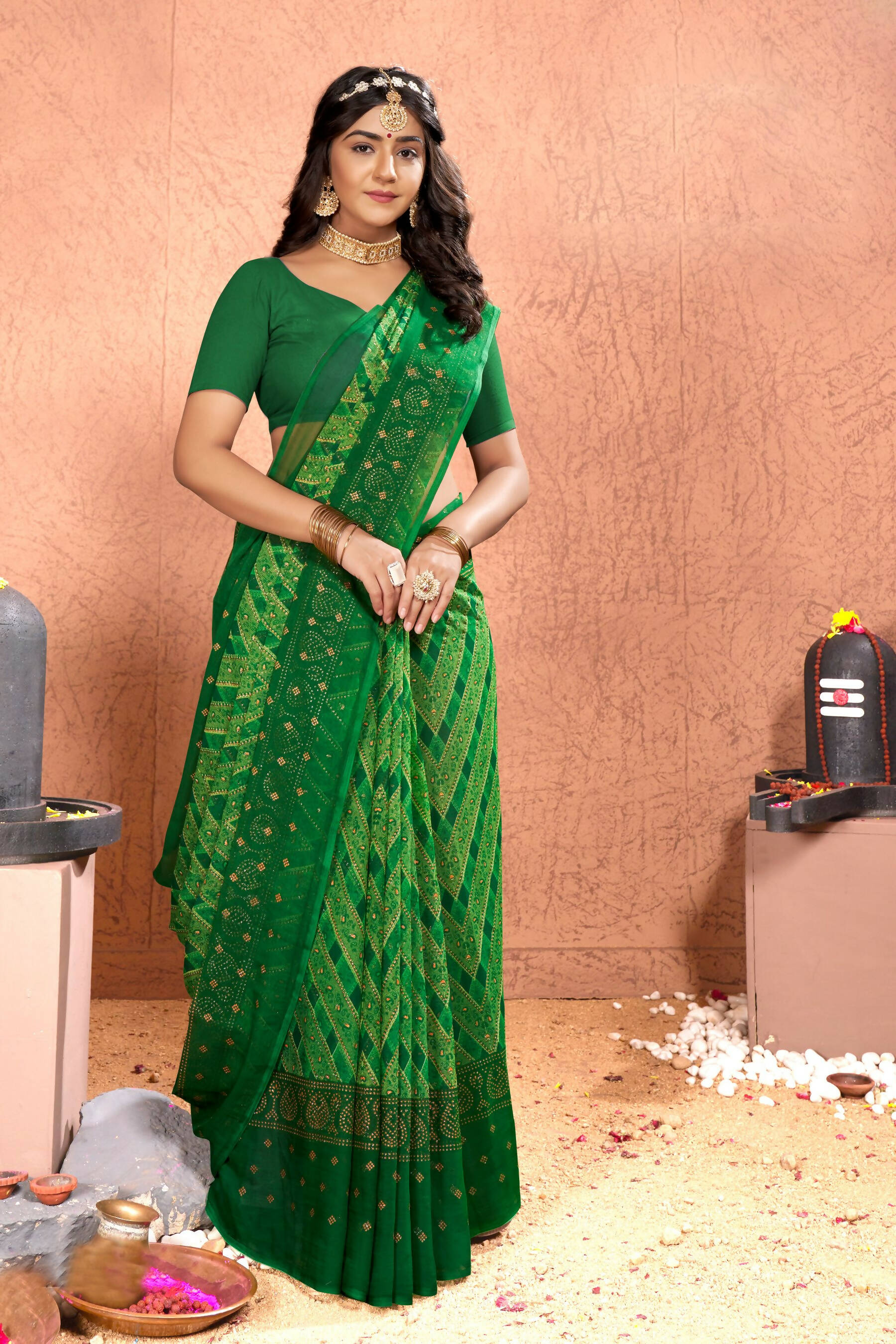 Green Chiffon Foil Printed Saree with Unstitched Blouse Piece - Rajal - Distacart
