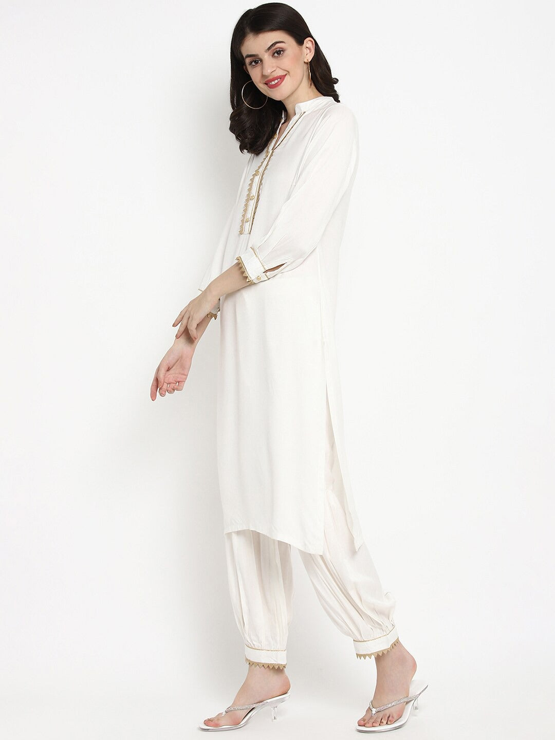 NOZ2TOZ White Yoke Design Kurta With Dhoti Pants & Dupatta - Distacart