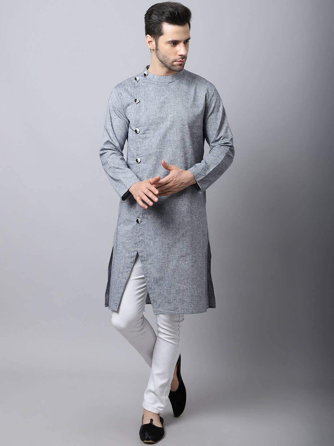 Even Apparels Grey Pure Cotton Sherwani Kurta With Asymetrical Cut - Distacart