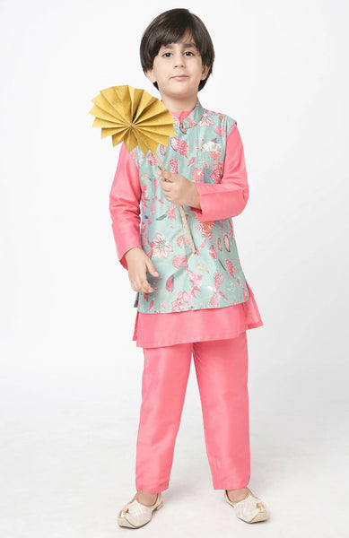 Lil Drama Golden Weaves Pink Kurta With Pant And Jacket Set - Distacart
