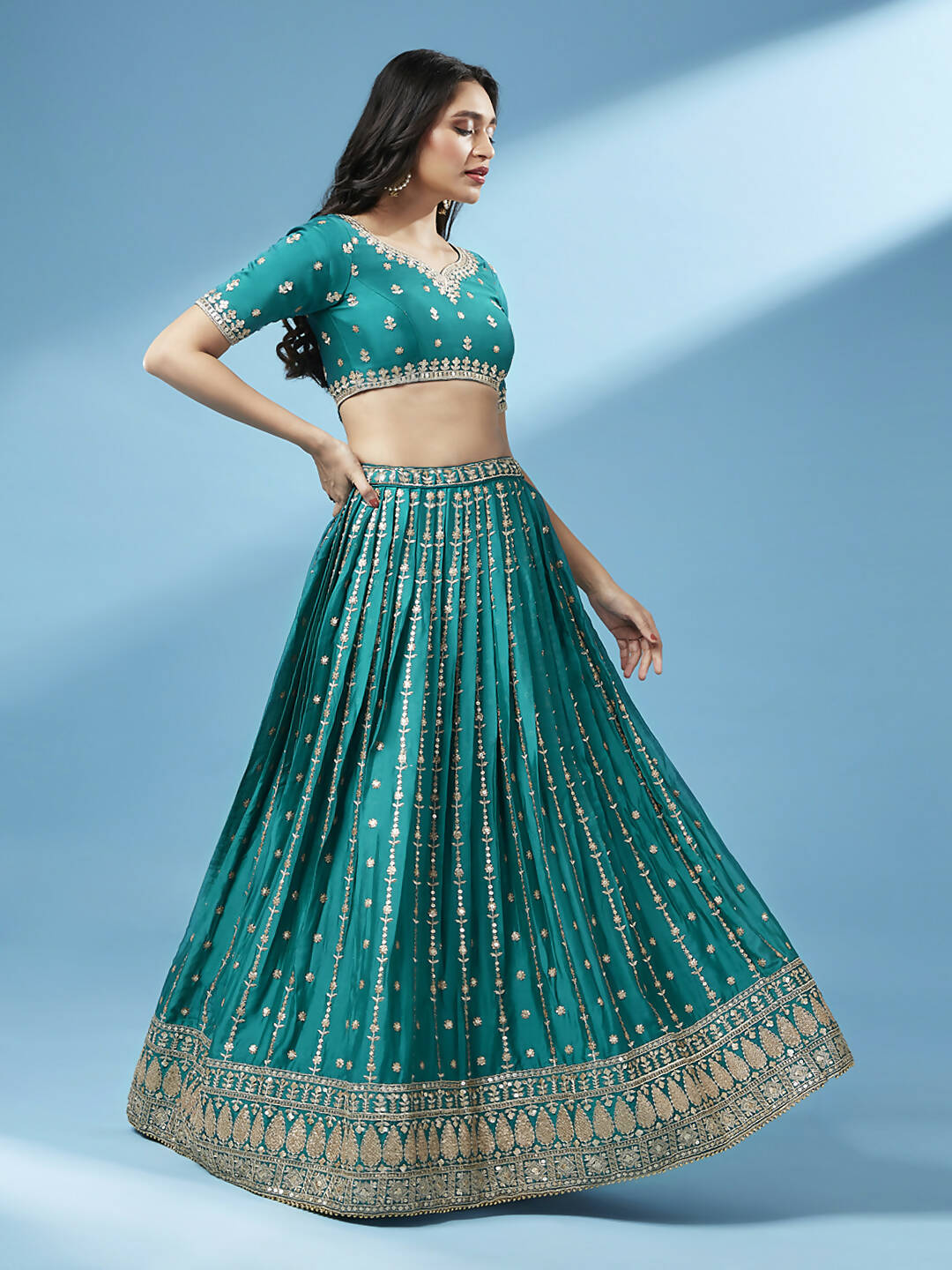 House of Panchhi Green Pure Georgette Sequins Embroidered Lehenga - Distacart