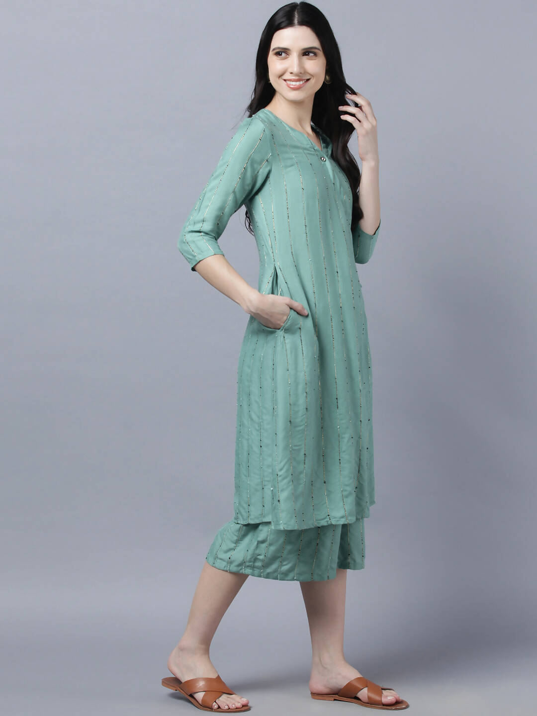 Myshka Women's Stylish Green Cotton 3/4 Sleeve Kurta Palazzo Set - Distacart