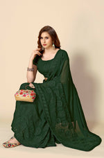 Thumbnail for Green Georgette Embroidered and Stone Work Saree with Unstitched Blouse Piece - Roozal - Distacart