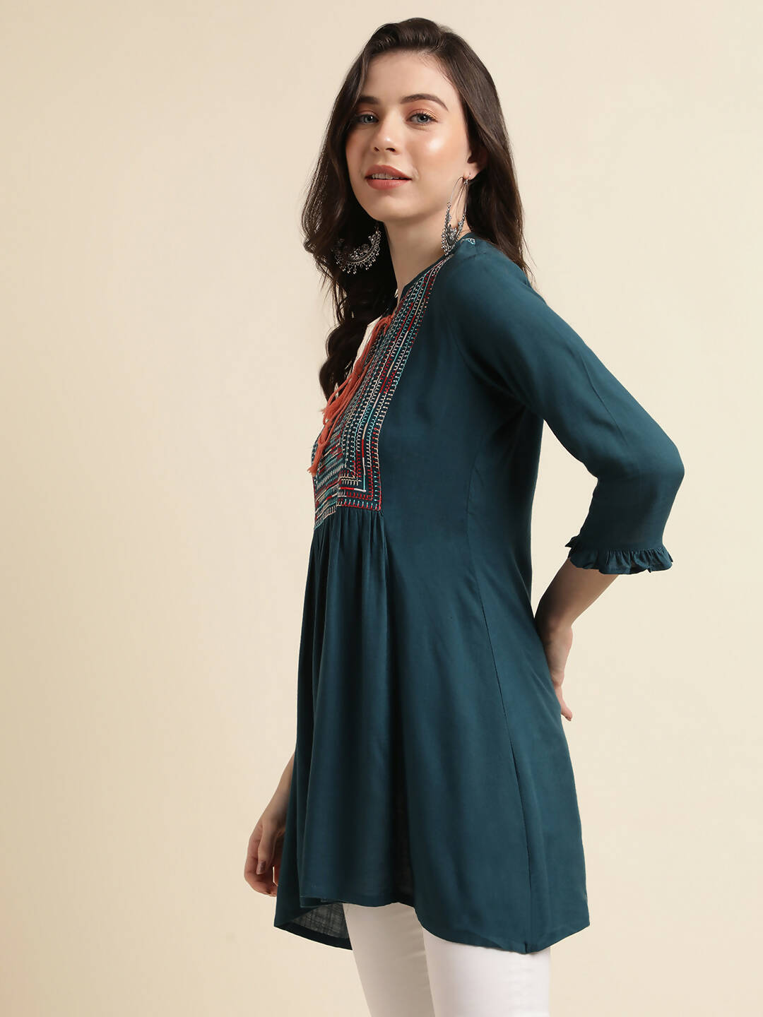 Teal Rayon Yoke Embroidered A-line Top - Tarini - Distacart