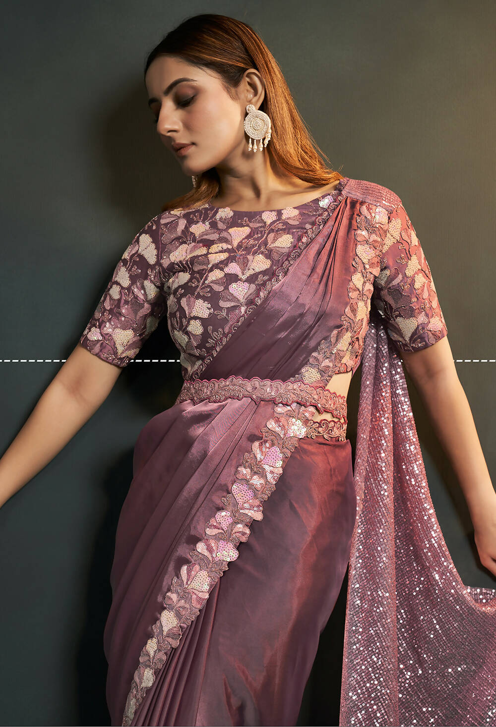Dusty Pink Silk Satin Crepe Cord Sequence & Thread Embroidered & Moti Work Saree - Moh-Manthan Royal Enigma - Distacart
