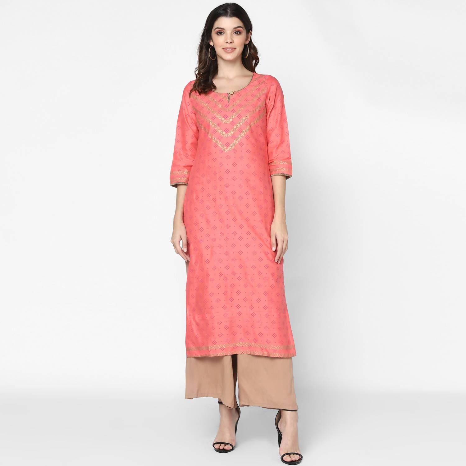Cheera Hand Block Print Pitch & Skin Color Straight Kurta With Palazzo (MAAI-072K)