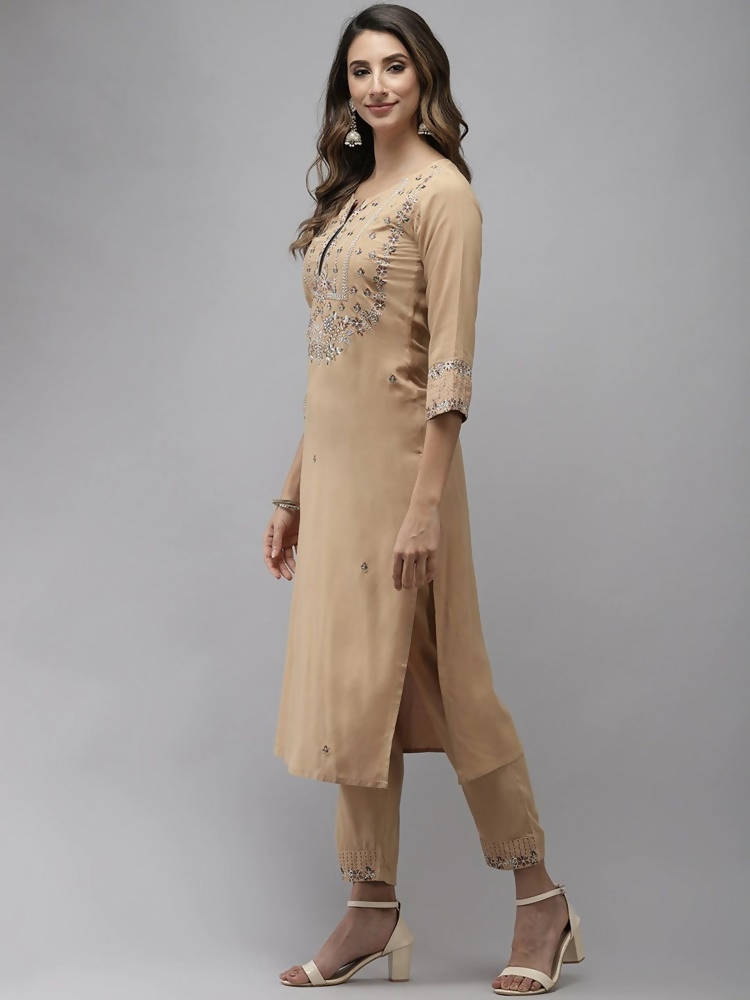 Yufta Women Beige & Charcoal Grey Ethnic Motifs Embroidered Kurta with Trouser & Dupatta