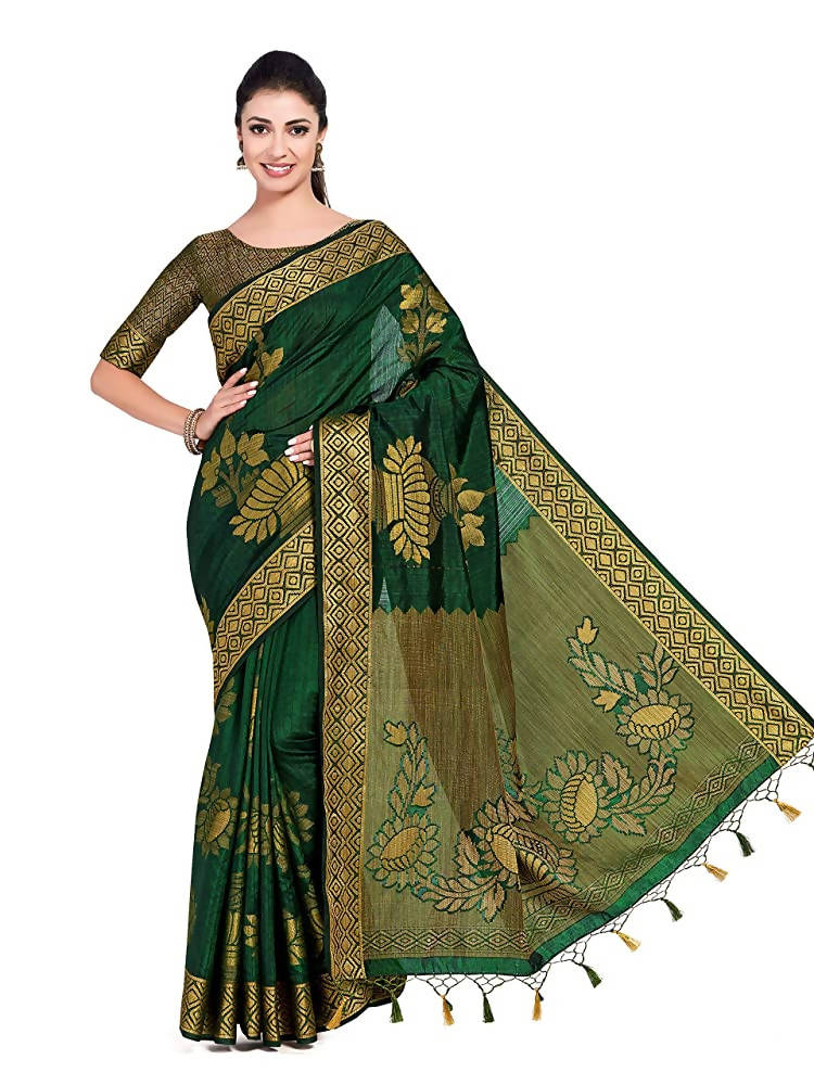 Mimosa Women's Green Kanchipuram Pure Silk Saree With Unstitched Blouse Piece
