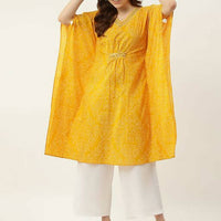 Thumbnail for FIORRA Women's Printed Pure Cotton Kaftan Kurta - Yellow - Distacart