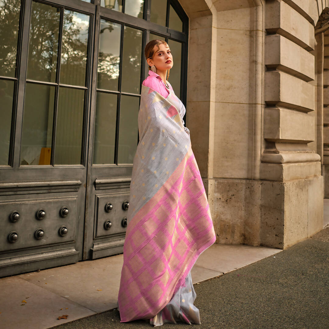 Coine Grey Handloom Khaddi Silk Saree With Contrast Pallu & Blouse - Rajtex Khwaab Silk - Distacart